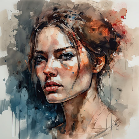 Portrait of a beautiful young brunette woman, creative illustration in the style of painting, AI Generatedの素材
