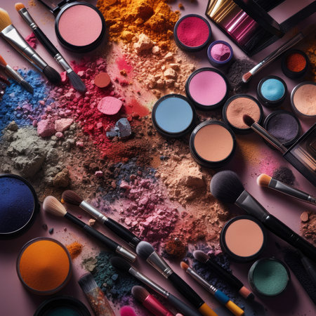 Big set of cosmetic makeup products, many different multicolor cosmetics, powder, lipstick, mascara, makeup brush, eyeshadow, concealer, nail polish, eyeliner, abstract background, AI Generatedの素材