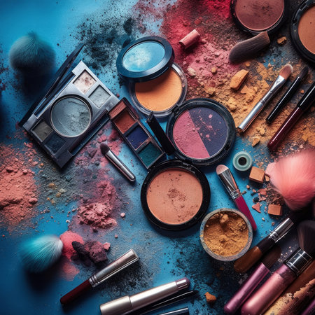 Big set of cosmetic makeup products, many different multicolor cosmetics, powder, lipstick, mascara, makeup brush, eyeshadow, concealer, nail polish, eyeliner, abstract background, AI Generatedの素材
