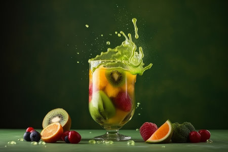 Refreshment fruit cocktail with pineapple, raspberry, kiwi, blueberry, cherry and orange splashes on green background, an explosion of taste from different fresh fruits, AI Generatedの素材