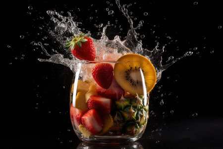Refreshment fruit cocktail with strawberry, pineapple, lemon and kiwi splashes on black background, an explosion of taste from different fresh fruits, AI Generatedの素材
