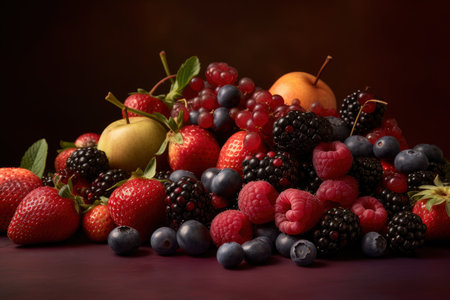Colorful mix of berry and fruits, strawberry, blueberry, raspberry, currant, apple and blackberry, healthy tasty nutrition concept on red background, vegan food, AI Generatedの素材