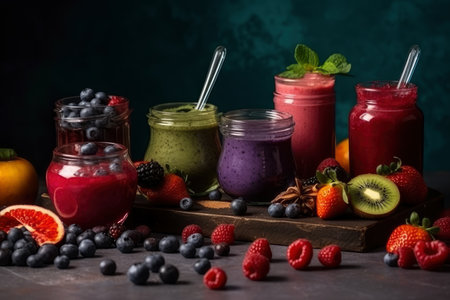 Freshly blended fruit smoothies of various colors and tastes in glass with raspberries, blueberries, strawberries, oranges, kiwi and mint, healthy lifestyle concept, AI Generatedの素材