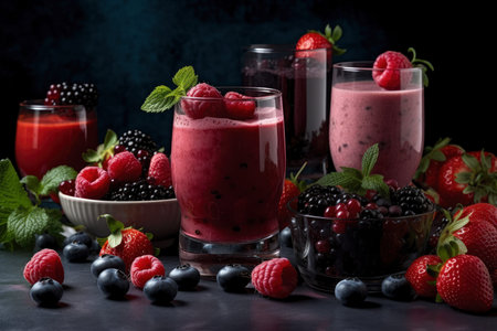 Freshly blended fruit smoothies of various colors and tastes in glass with raspberries, blueberries, strawberries and mint, healthy lifestyle concept, AI Generatedの素材