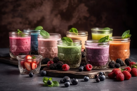 Freshly blended fruit smoothies of various colors and tastes in glass with raspberries, blueberries, strawberries and mint, healthy lifestyle concept, AI Generatedの素材