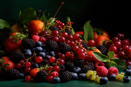 Colorful mix of berry and fruits, strawberry, blueberry, raspberry, currant and blackberry, healthy nutrition tasty concept on dark background, vegan food, AI Generatedの素材