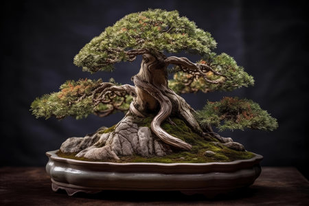 Old beautiful green bonsai tree on dark background, AI Generatedの素材