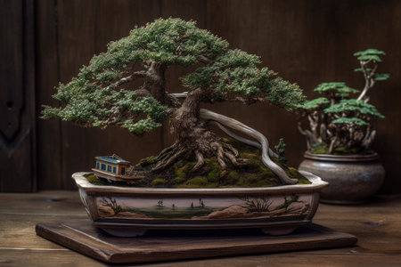 Old beautiful green bonsai tree on dark background, AI Generatedの素材