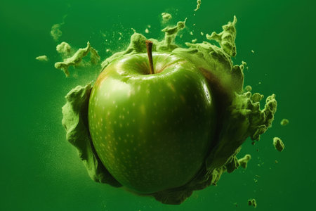Explosion of taste, green apple on a green background in a splash of juice, refreshing juicy fruit concept, AI Generatedの素材