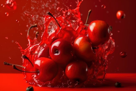 Explosion of taste, cherry on a red background in a splash of juice, refreshing juicy fruit concept, AI Generatedの素材