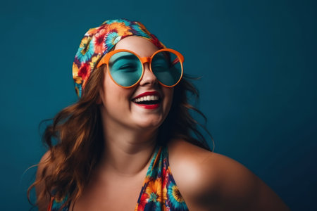 Happy plus size model in sunglasses on blue studio background, body positive concept, close-up portrait, AI Generatedの素材