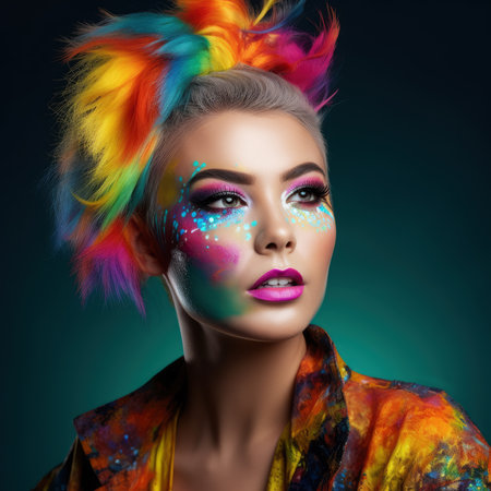 Colorful artistic portrait of a young beautiful woman closeup, multicolored hairstyle, makeup and face art, AI Generatedの素材