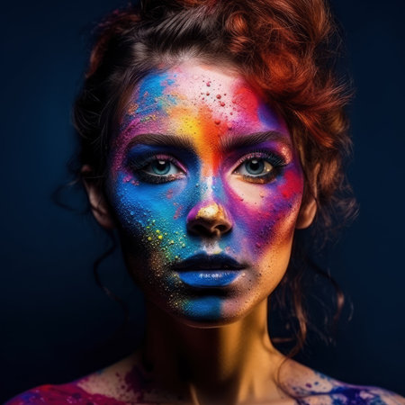 Colorful artistic portrait of a young beautiful woman closeup, multicolored hairstyle, makeup and face art, AI Generatedの素材