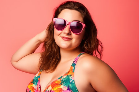 Happy plus size model in sunglasses on pink studio background, body positive concept, close-up portrait, AI Generatedの素材