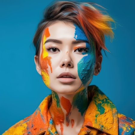 Colorful artistic portrait of a young beautiful woman closeup, multicolored hairstyle, makeup and face art, AI Generatedの素材