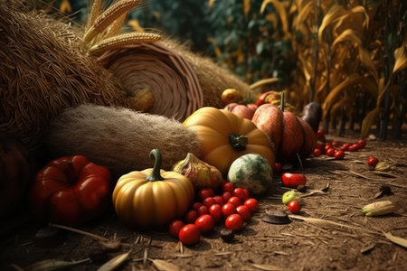 Harvest festival, pumpkin, tomatoes harvesting, happy Thanksgiving Day background, AI Generatedの素材