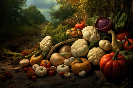 Harvest festival, pumpkin, cabbage, tomatoes, onions harvesting, happy Thanksgiving Day background, AI Generatedの素材