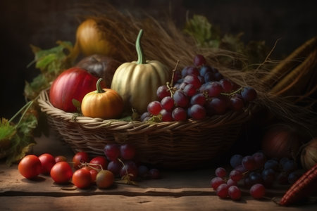 Harvest festival, pumpkin, tomatoes harvesting, happy Thanksgiving Day background, AI Generatedの素材