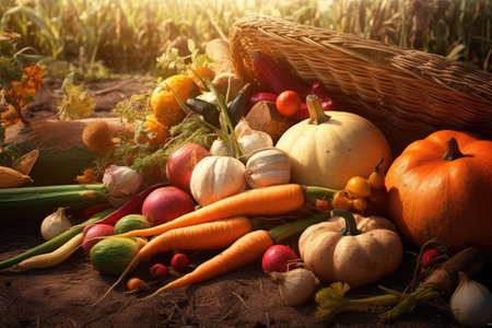 Harvest festival, pumpkin, carrot, onions harvesting, happy Thanksgiving Day background, AI Generatedの素材
