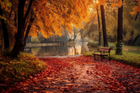 Empty bench in autumn park, fall landscape, vibrant color trees, AI Generatedの素材