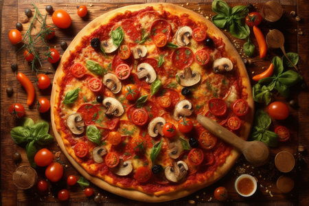 Hot traditional pepperoni italian pizza with salami, olives, cheese, tomatoes, basil and mushrooms on a wooden table decorated with vegetables and spices, AI Generatedの素材