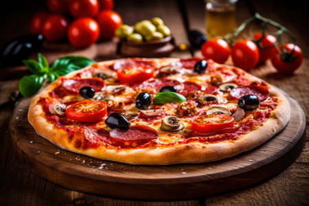 Hot tasty traditional pepperoni italian pizza with salami, olives, cheese, tomatoes and mushrooms on a wooden table decorated with vegetables and spices, AI Generatedの素材