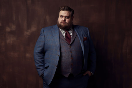 A fat handsome middle-aged man in a blue suit on a brown background, AI Generatedの素材