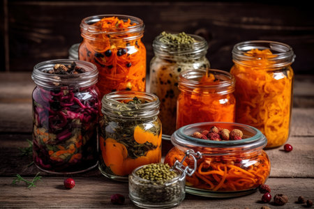Homemade canned vegetables in glass jars, preparation of pickled products for the winter, healthy food, AI Generatedの素材