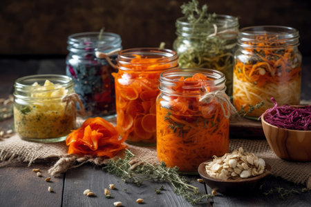 Homemade canned vegetables in glass jars, preparation of pickled products for the winter, healthy food, AI Generatedの素材