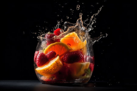 Refreshment fruit cocktail with strawberry, orange, lime, lemon and raspberry splashes on black background, an explosion of taste from different fresh fruits, AI Generatedの素材