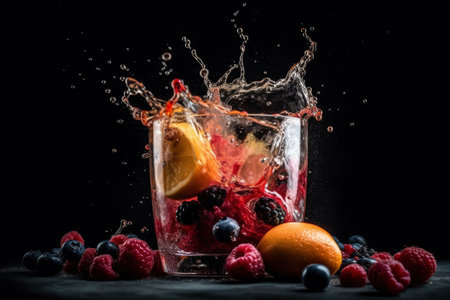 Refreshment fruit cocktail with orange, raspberry, blueberry, lime and lemon splashes on black background, an explosion of taste from different fresh fruits, AI Generatedの素材