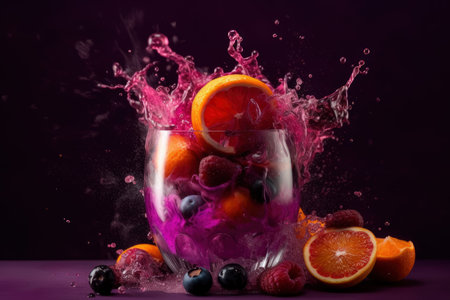 Refreshment fruit cocktail with orange, blueberry, raspberry and lemon splashes on purple background, an explosion of taste from different fresh fruits, AI Generatedの素材