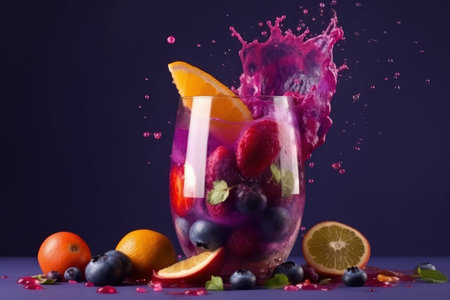 Refreshment fruit cocktail with orange, blueberry, raspberry and lemon splashes on purple background, an explosion of taste from different fresh fruits, AI Generatedの素材