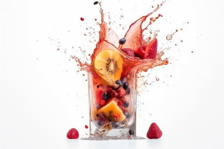 Refreshment fruit cocktail with strawberry, raspberry, blueberry, orange, lemon, pear and peach splashes on white background, an explosion of taste from different fresh fruits, AI Generatedの素材