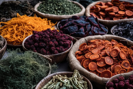 Various dried spices on a wooden table closeup, AI Generatedの素材