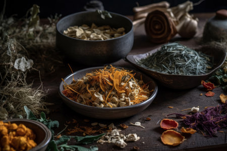 Various dried spices on a wooden table closeup, AI Generatedの素材