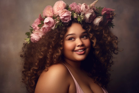 Happy beautiful young plus size model portrait with a hairstyle of flowers on a studio background, fat girl with a chubby face and makeup, AI Generatedの素材