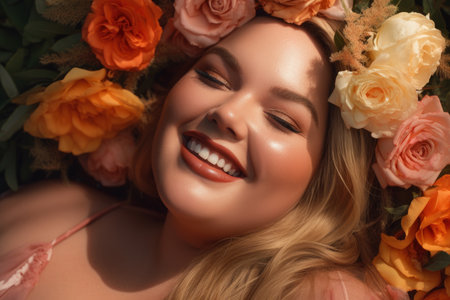 Happy beautiful young plus size model portrait with a blonde hairstyle of flowers closeup, fat girl with a chubby face and makeup, AI Generatedの素材