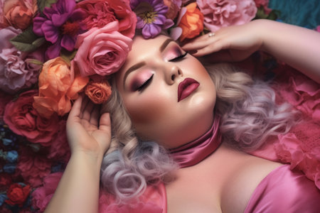 Sexy beautiful plus size model portrait with a blonde hairstyle of flowers on a floral background, fat girl with a chubby face and makeup, AI Generatedの素材