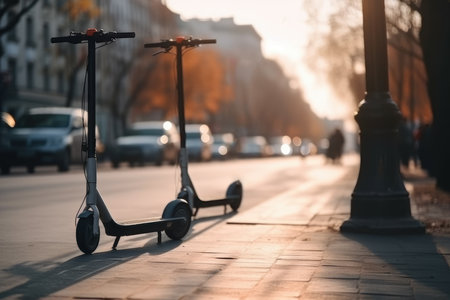 Electric scooter on the street, eco alternative transport, AI Generatedの素材
