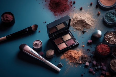 Big set of cosmetic makeup products, many different multicolor cosmetics, powder, lipstick, mascara, makeup brush, eyeshadow, concealer, eyeliner, AI Generatedの素材