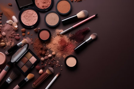 Big set of cosmetic makeup products, many different multicolor cosmetics, powder, lipstick, mascara, makeup brush, eyeshadow, concealer, eyeliner, AI Generatedの素材