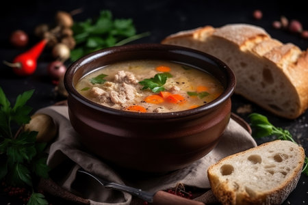 Tasty meat soup with spicy herbs, AI Generatedの素材