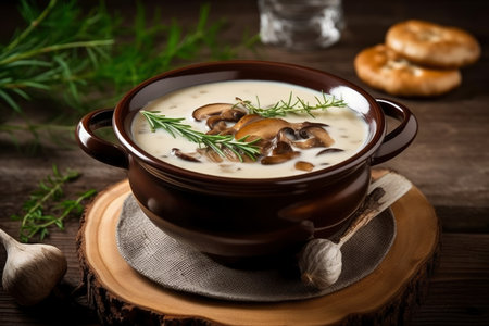 Tasty vegetarian cream soup with mushrooms and spicy herbs, AI Generatedの素材