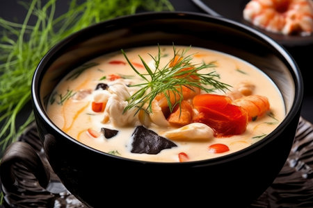 Tasty pumpkin cream soup with shrimp and spicy herbs, AI Generatedの素材