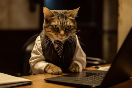 Cat businessman in a suit works at a laptop in the office, AI Generated illustrationの素材