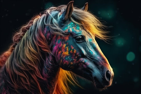 Abstract neon horse on black background, AI Generated illustrationの素材