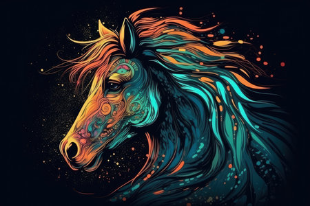 Abstract neon horse on black background, AI Generated illustrationの素材