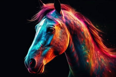 Abstract neon horse on black background, AI Generated illustrationの素材