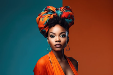 Young beauty stylish african american woman on a blue-orange background, closeup portrait of black girl with beautiful makeup and hairstyle, AI Generatedの素材